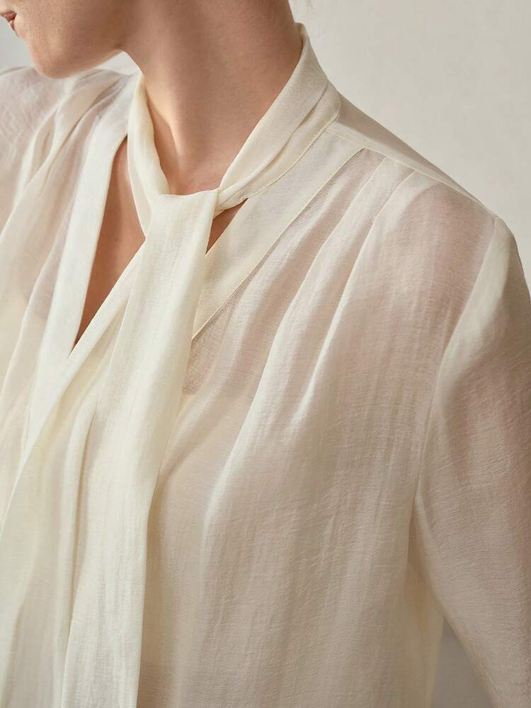 Blusa de moda de manga larga, cuello en V, puños con lazo, estilo suelto, para oficina, color albaricoque, primavera/verano