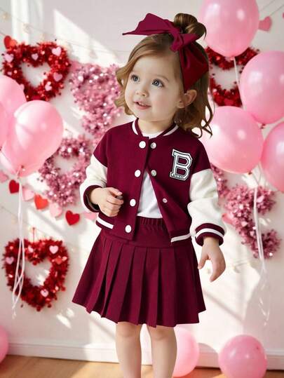 Genkimix Kids 2pcs Baby Girl Letter Print Color Block Baseball Jacket And Pleated Mini Skirt Set, Suitable For Casual Outings And Parties