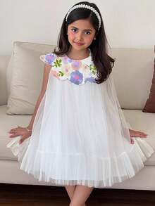 Rochie de seară pentru fete preadolescente, lejeră, casual, cu guler rotund, fără mâneci, în linie A, cu decor floral 3D - alb - Vizualizare 2