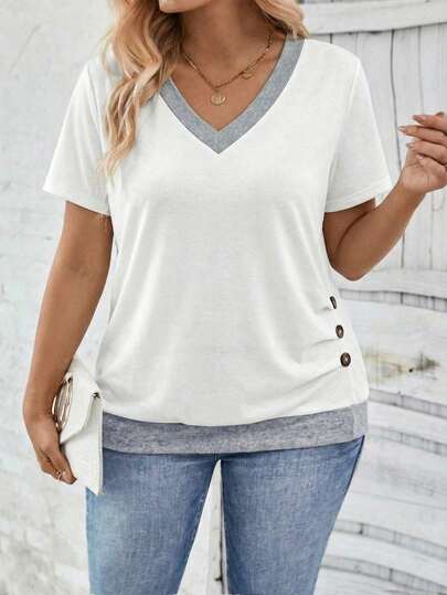 EMERY ROSE 时尚休闲新款复古V领侧边下摆褶裥纽扣撞色大码T恤