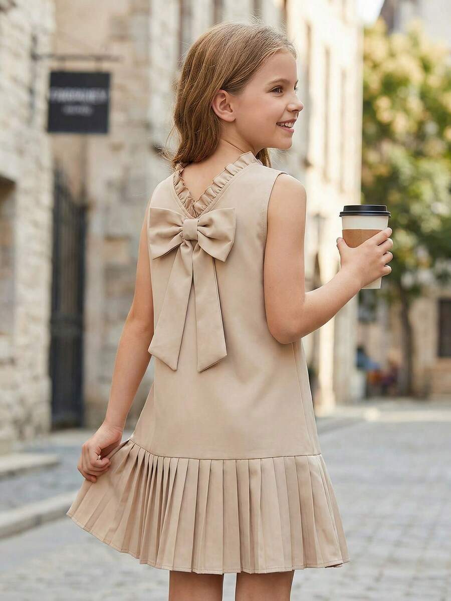 SHEIN Sukienka swobodna dla nastolatek z jednokolorowym, tkanym kołnierzykiem typu stójka, bez rękawów - Morela - Zobacz 1