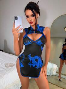 Fantasy Costume Bộ đồ lót nữ cỡ tiêu chuẩn, gợi cảm, họa tiết rồng, chất liệu lụa sữa, kèm quần lọt khe (2 món) hiệu COS. - Nhiều màu - Xem 5