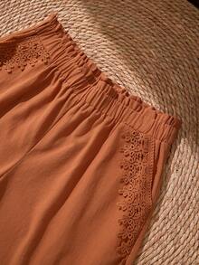 Rusticease Plus Size Casual Solid Color Lace Trim Shorts For Summer/ Vacation Summer Summer Spring Spring Women Spring Country Style For Women - Rust Brown - View 3