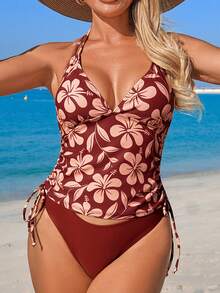 Swim Lushoire Women's Sexy Spaghetti Strap Bikini Set, Casual Vacation Elegant Pattern, Tie-Neck Crop Top And Triangle Bottoms Tankini Swimsuit, Spring/Summer - Multicolor - View 1