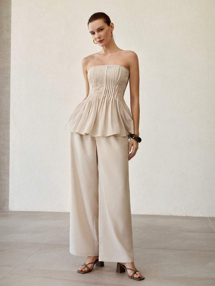 WOMEN'S APRICOT PLEATED BANDEAU TOP AND WIDE LEG PANTS 2 PIECES SET