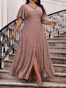 Fleurora 春夏秋冬优雅派对婚礼情人节鸡尾酒会音乐会/音乐节棕色编织重叠领喇叭开衩荷叶袖长款连衣裙大码 - 藕粉色 - 查看 3