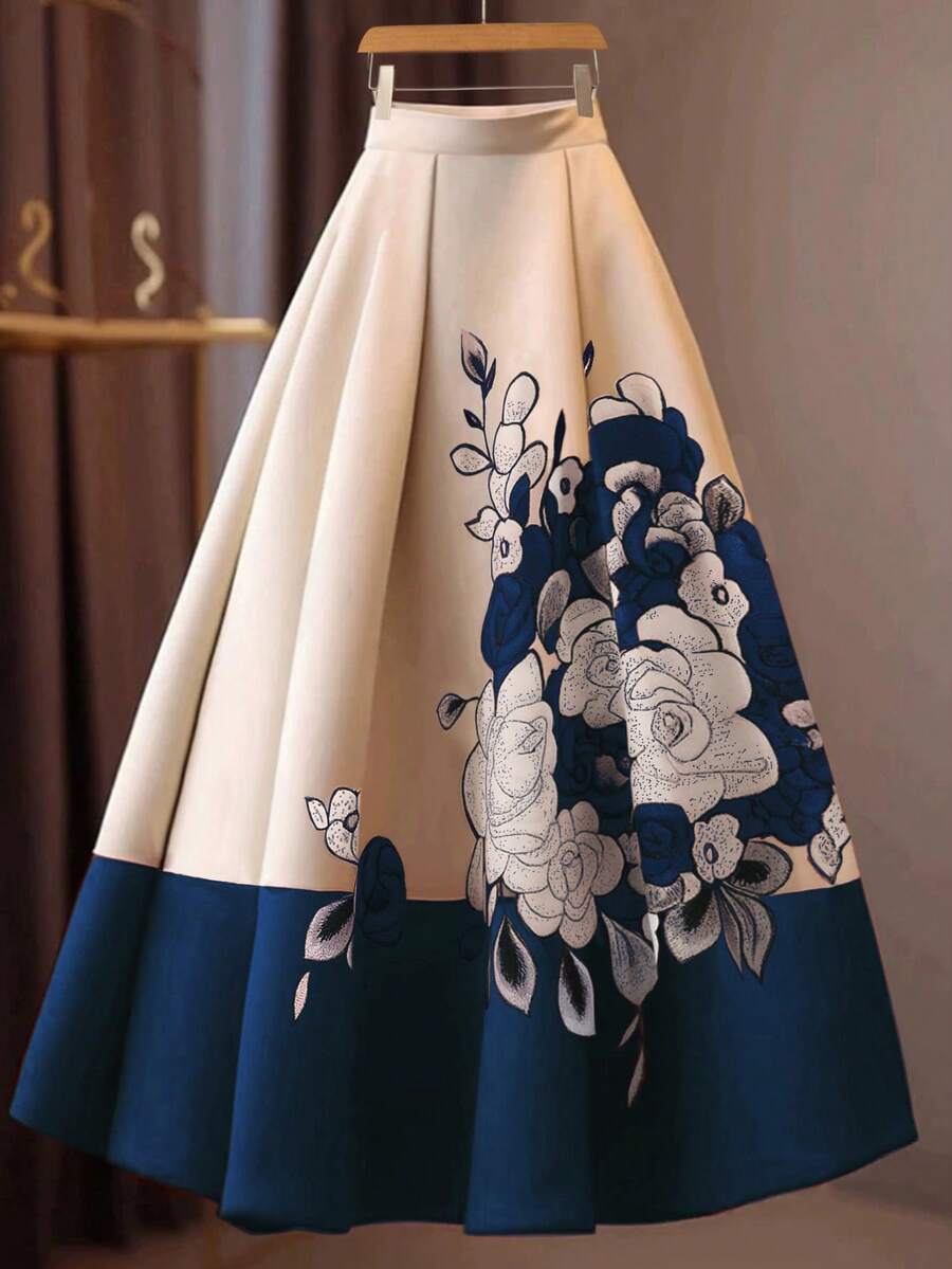 GlowEve 女士撞色印花休闲半身裙 - 藏蓝色 - 查看 1