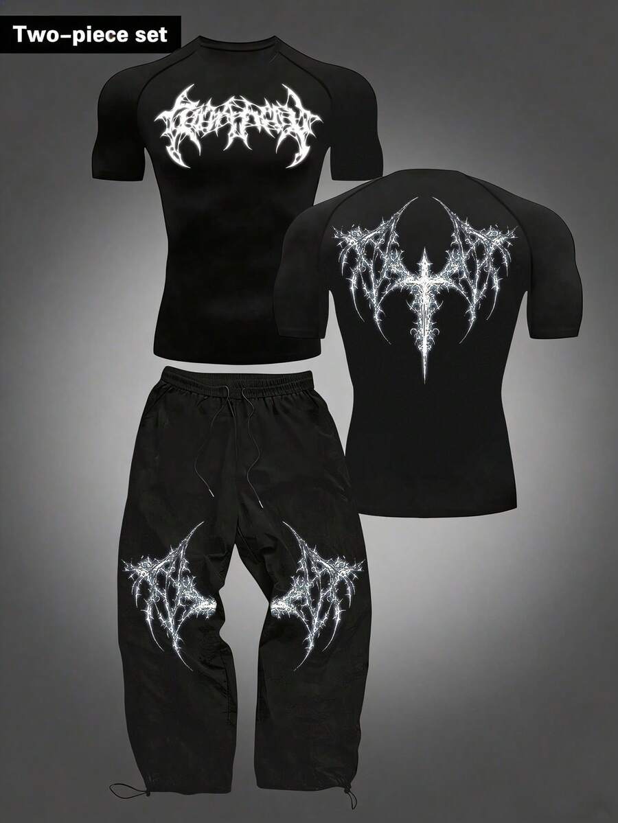 Manfinity Sport Corelite 男士哥特印花插肩短袖T恤和抽绳腰长裤运动套装 - 黑色 - 查看 1
