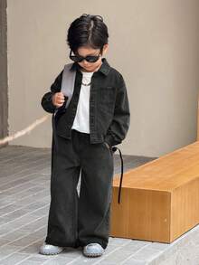 SHEIN 2pcs Young BoyGray Denim Lapel Long Sleeve Shirt And Loose Fit Pants Set - Black - View 3