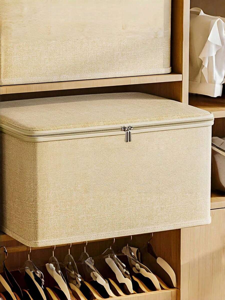 Caja de almacenamiento de tela plegable con tapa para ropa, juguetes y organización del hogar, organizador de algodón y lino para el dormitorio - Amarillo albaricoque - Ver 1