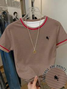 Resyla Women's Casual Striped Round Neck Short Sleeve T-Shirt, Summer - White - View 1