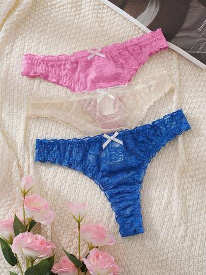 PetitDoll 3pcs Women's Minimalist Sexy Lace Thong Panties