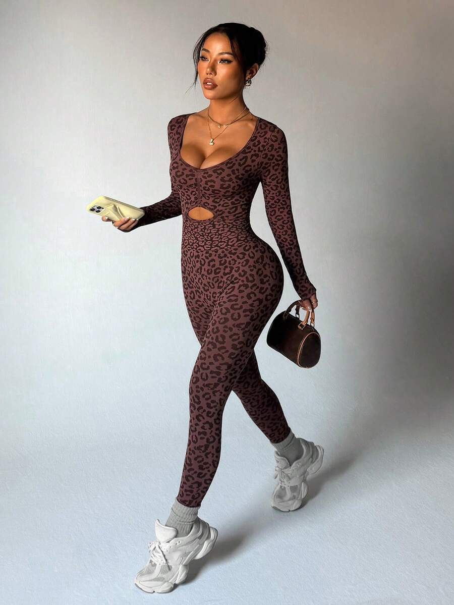 Slayform 女士休闲豹纹连体裤 - 棕色 - 查看 1