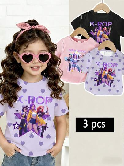 3件套女童圆领短袖T恤，适合4-7岁女孩，款式时尚：紫色女孩团体图案T恤、团体爱心印花T恤、粉色女孩团体图案T恤——让每个女孩都成为最闪亮的明星