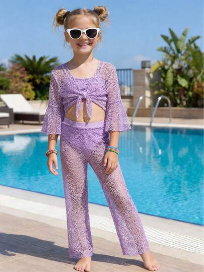 SHEIN Tween Girls Bikini Sets Purple Solid Hollow Mesh+Knitted Fabric Yarn Clothes And Pants Hollow Mesh Cover With One Layer Of Mesh Four Piece Set Swimwear And Swimming Pants And Yarn Clothes And Pants Fashionable, Casual, Exquisite And Gorgeous Ladies Suitable For Swimming Suitable For Summer Vacation Beach Beach Swimming Pool Summer Party Leisure Vacation