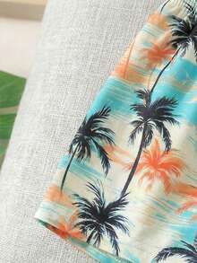 SHEIN Playful Pals 2件套幼儿男童夏季度假椰子树热带植物印花圆领短袖T恤和松紧腰短裤套装，婴幼儿服装，男童T恤套装，夏季套装，适合6个月至3岁，海滩度假风，休闲假日风 - 白色 - 查看 4