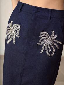 MOTF PREMIUM WOMEN'S RHINESTONE EMBELLISHED DENIM BLUE MIDI SKIRT - Blue - View 2