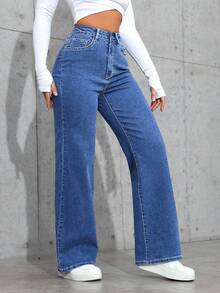 SHEIN Teen Girl Casual Straight Leg Jeans With Slant Pockets - Medium Wash - View 4