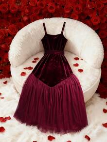 Franclia Elegante vestido de terciopelo burdeos con camisola, cintura alta, lazo, pliegues y parches de malla, adecuado para una cita en el Día de San Valentín - Burdeos - Ver 2