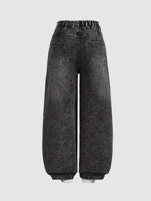 SHEIN MOD Plus-Size Black Jeans, Casual Ripped Wide-Leg Pants, Summer Y2K Style, Comfortable Elastic Waistband. - Black - View 2