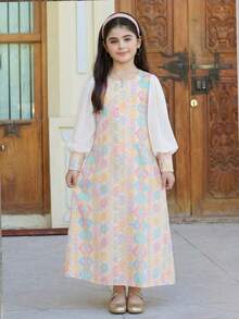 SHEIN 少女几何印花宽松泡泡袖A字连衣裙，度假风长裙 - 粉色 - 查看 3