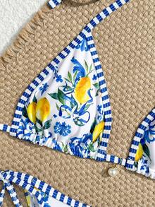 Swim Vcay 2026新款3件套女士随机印花三角比基尼，网纱迷你裙，沙滩度假夏季比基尼套装 - 彩色 - 查看 3