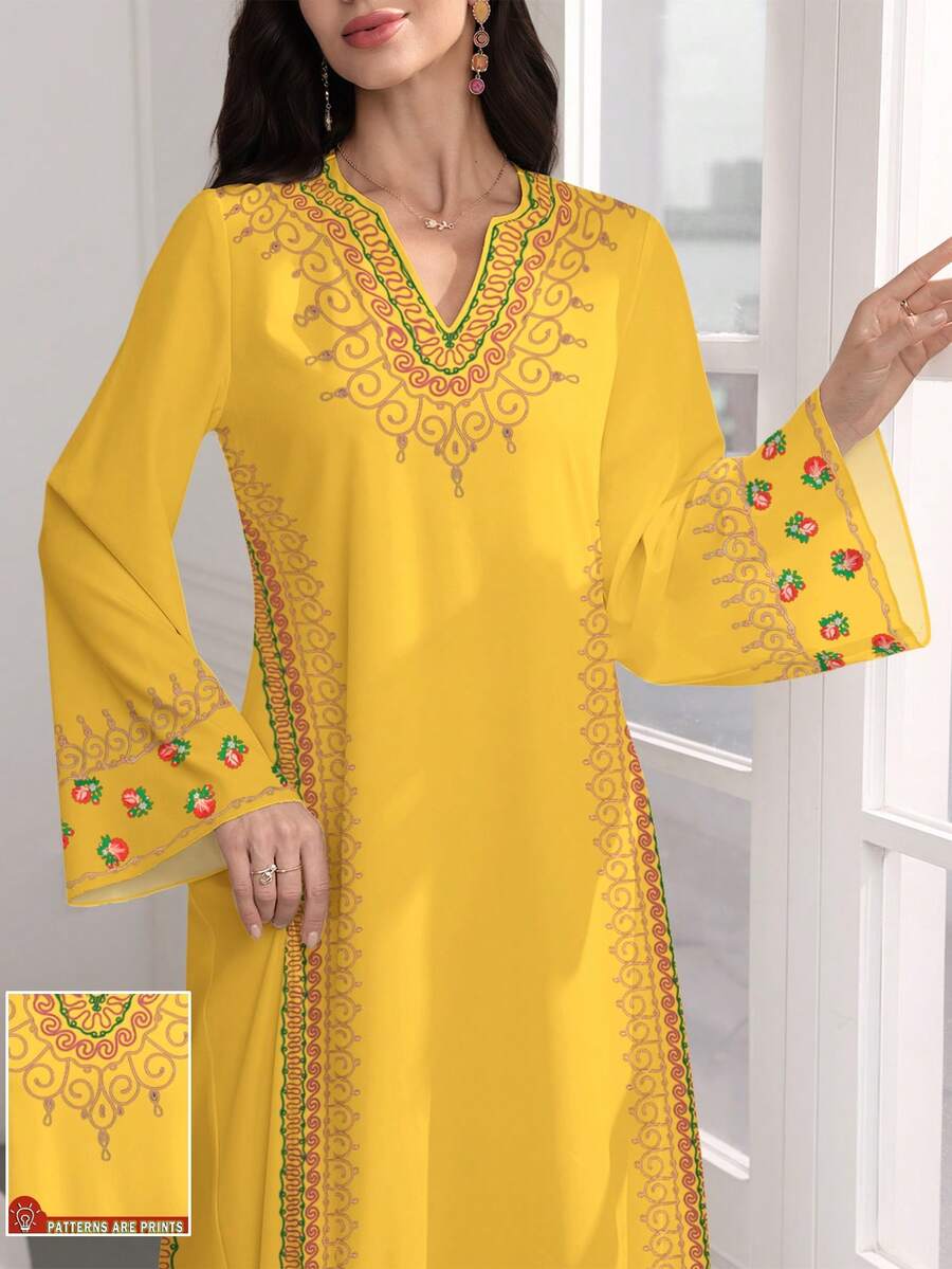 SHEIN Najma Đầm maxi dài tay cổ chữ V kiểu Ả Rập thanh lịch dành cho nữ cỡ lớn, họa tiết retro hoa văn in kỹ thuật số, thêu giả, thích hợp cho mùa xuân/thu. - Nhiều màu - Xem 1