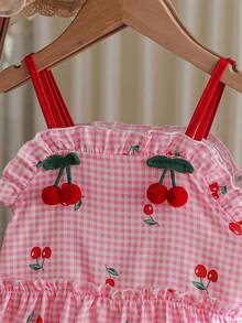 SHEIN Young Girls Cherry Digital Print Dress With 3D Cherry Frill Trim, Sleeveless A-Line, Casual, Beach, Party, Summer - Pink - View 3