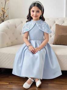 Tween Girl Faux Pearl Light Blue Floral Elegant Flower Girl Dress,Summmer Vintage Rose Stand Collar Patchwork Ruffle Hem A-Line Princess Party Wear - Blue - View 3