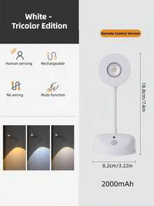 1pc Rechargeable Wireless Indoor Wall Light/Spotlight/Table Lamp/Smart Led Motion Sensor Light/Photo Light With Remote Control. - White - View 7