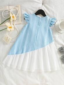 Genkimix Kids Abito in maglia senza maniche per ragazze, tessuto strutturato, color block, applicazione floreale, decorazione a tulipano, casual per uso quotidiano, novità primavera/estate - Blu - Visualizzare 3
