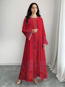 SHEIN Najma 女士复古花卉葡萄印花长袖休闲阿拉伯风格套装，春秋季 - 彩色 - 查看 3