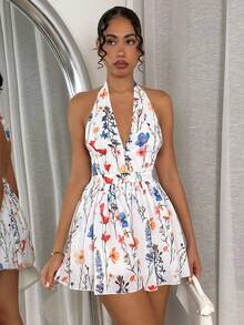 Glamine Women's Printed Jumpsuit, Halter Backless Jumpsuit, Romantic Vacation Jumpsuit For Summer - White - View 1