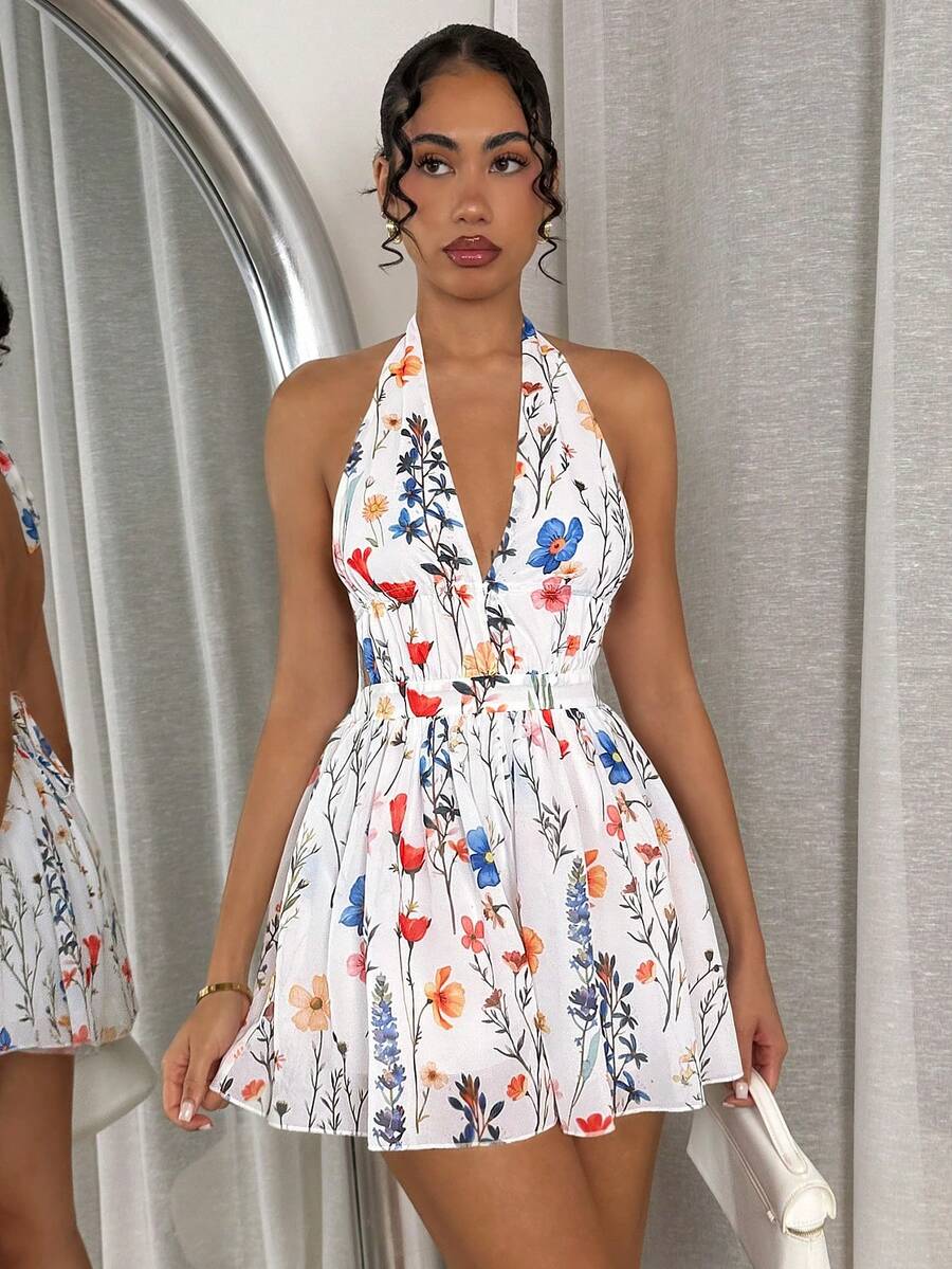 Glamine Women's Printed Jumpsuit, Halter Backless Jumpsuit, Romantic Vacation Jumpsuit For Summer - White - View 1