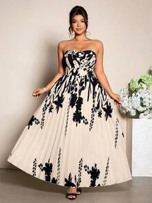 SHEIN Tall CURVE Plus Size Women's Beige Elegant Summer Maxi Dress,Twist Print Ruffle Hem Off-The-Shoulder Holiday Wedding Guest Formal Boho Party Vacation Dress - Apricot - View 3