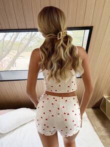 SHEIN Set de pijama de camiseta y pantalones cortos con estampado de corazón minimalista y lindo - Blanco - Ver 2