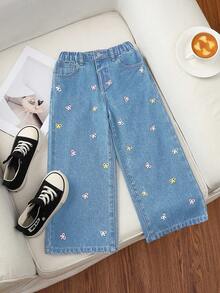 SHEIN Young Girl' Colorful Bow Embroidered Denim Jeans - Light Wash - View 5
