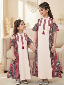 SHEIN Tween Girl Geometric Pattern Tassel Design Off-Shoulder Short Sleeve Dress - Apricot - View 1