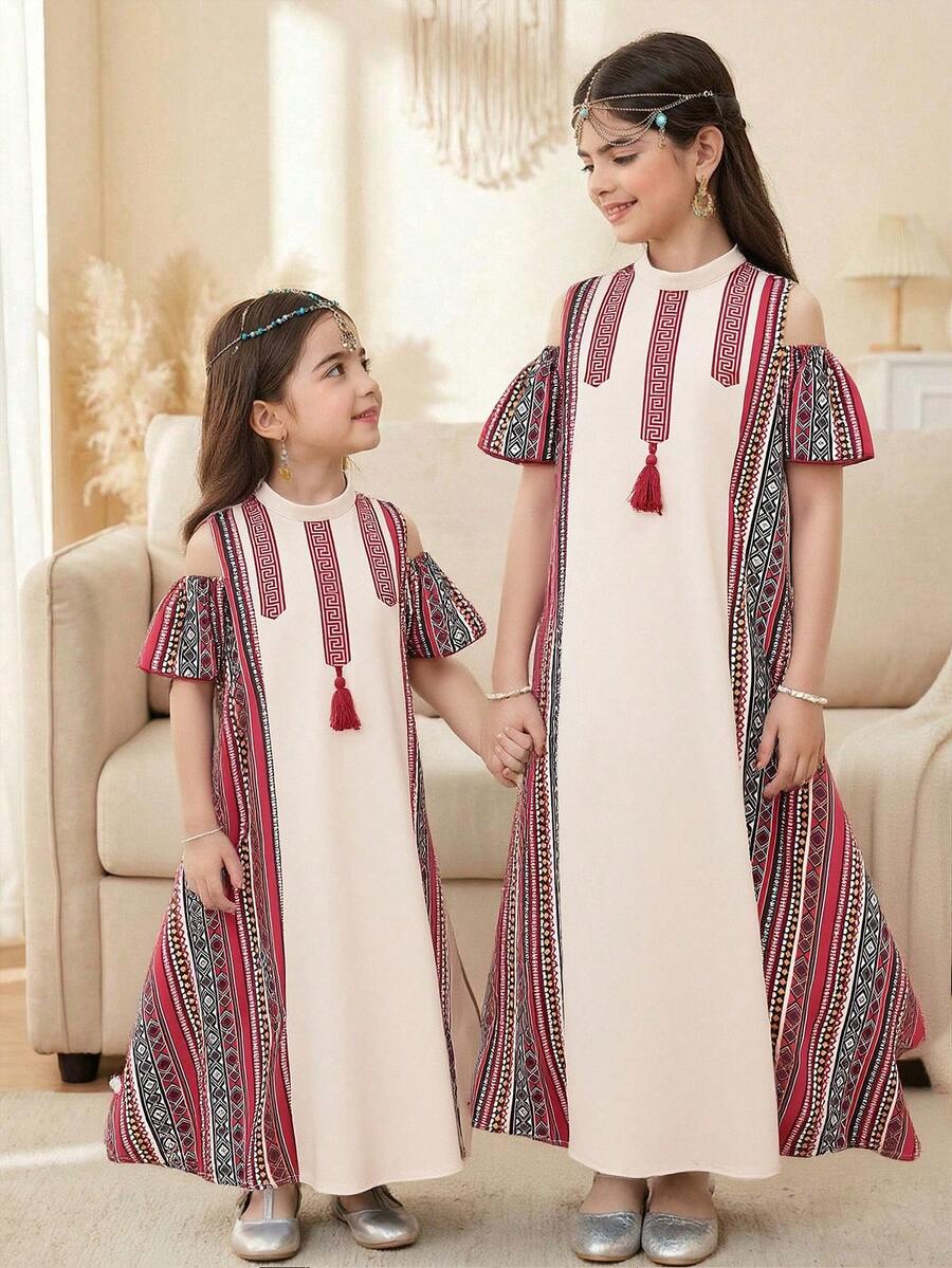 SHEIN Tween Girl Geometric Pattern Tassel Design Off-Shoulder Short Sleeve Dress - Apricot - View 1