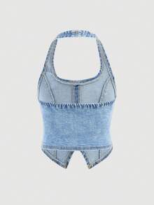 SHEIN Girlism 少女时尚休闲Y2K舒适简约蝴蝶结设计蓝色吊带牛仔上衣，柔软舒适，适合日常穿着，也是少女春夏服装的理想之选。 - 淺色水洗藍 - 查看 5