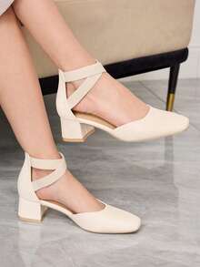 Sleekvia Zapatos de mujer con punta cuadrada, tacón alto grueso, beige, moda, banda elástica hueca, elegante, versátil, cómodo, zapatos de tacón alto para mujer, zapatos huecos