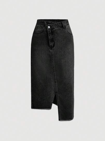SHEIN MOD Damkjol i sexig denim med minikjol, slits fram och asymmetrisk fåll, blå