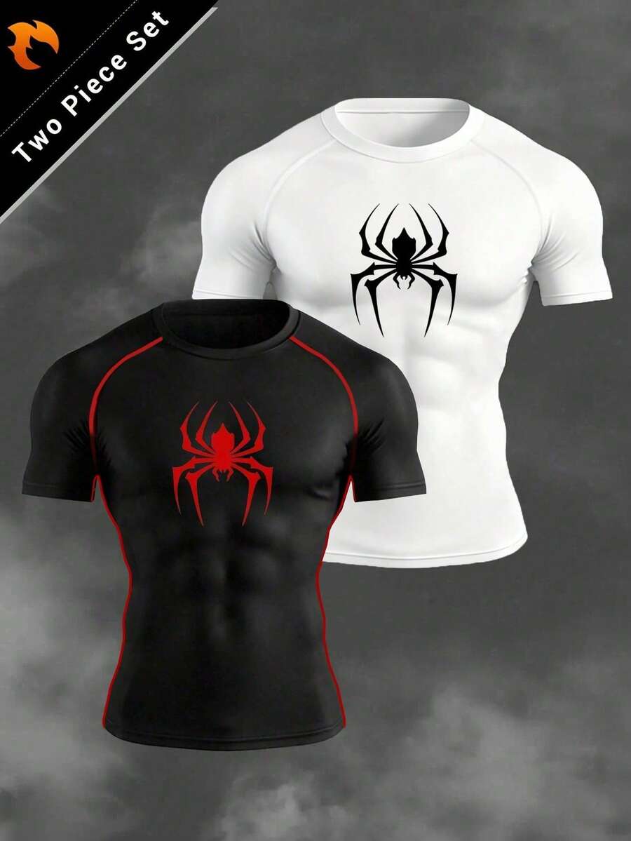 Manfinity Sport Corelite Men's Spider Print Raglan Short Sleeve Casual Fitness Workout T-Shirt Compression Shirt Men Rash Guard Men Spandex Shirts Men's Compression Tops Men's Compression Shirts - Black - View 1