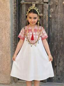 SHEIN 少女印花撞色翻领短袖A字宽松长裙 - 紅色 - 查看 5