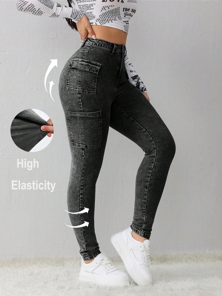 SHEIN Tall سراويل جينز نسائية ضيقة مطاطية جذابة، سراويل جينز طويلة للنساء، سراويل جينز شتوية للنساء، سراويل شتوية للنساء، بناطيل ضيقة للنساء، بناطيل رياضية للنساء الطويلات، سراويل جينز أم للنساء، سراويل جينز دنيم، جيجينجز نسائية، بناطيل ضيقة مطاطية للنساء - أزرق داكن - مشاهدة 1