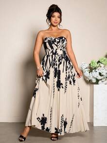 SHEIN Tall CURVE Plus Size Women's Beige Elegant Summer Maxi Dress,Twist Print Ruffle Hem Off-The-Shoulder Holiday Wedding Guest Formal Boho Party Vacation Dress - Apricot - View 4