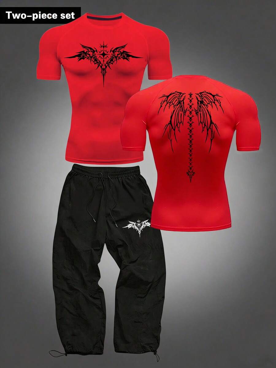 Manfinity Sport Corelite 男士红色印花短袖T恤和抽绳腰带短裤运动套装健身训练套装压缩衣 - 黑色 - 查看 1