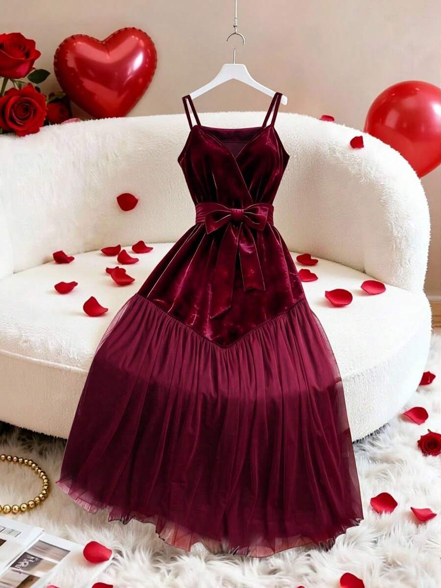 Franclia Elegante vestido de terciopelo burdeos con camisola, cintura alta, lazo, pliegues y parches de malla, adecuado para una cita en el Día de San Valentín - Burdeos - Ver 1