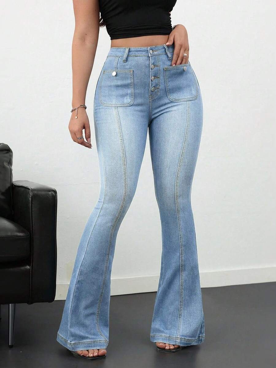 SHEIN Tall 女士修身弹力喇叭牛仔裤，蓝色牛仔裤，打底裤，喇叭裤，女士紧身裤，秋季裤装，牛仔裤，高个子牛仔裤，返校季 - 淺色水洗藍 - 查看 1