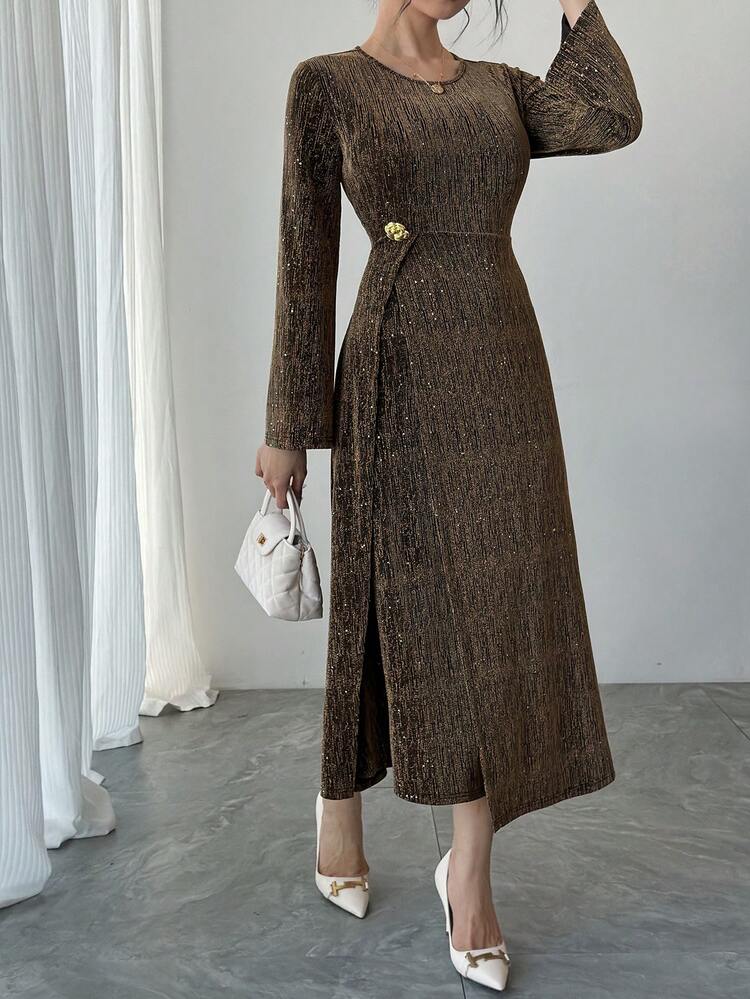 Women's Elegant Party Banquet Metallic Lurex Flare Sleeve Waist Cinched Long Dress Sundress